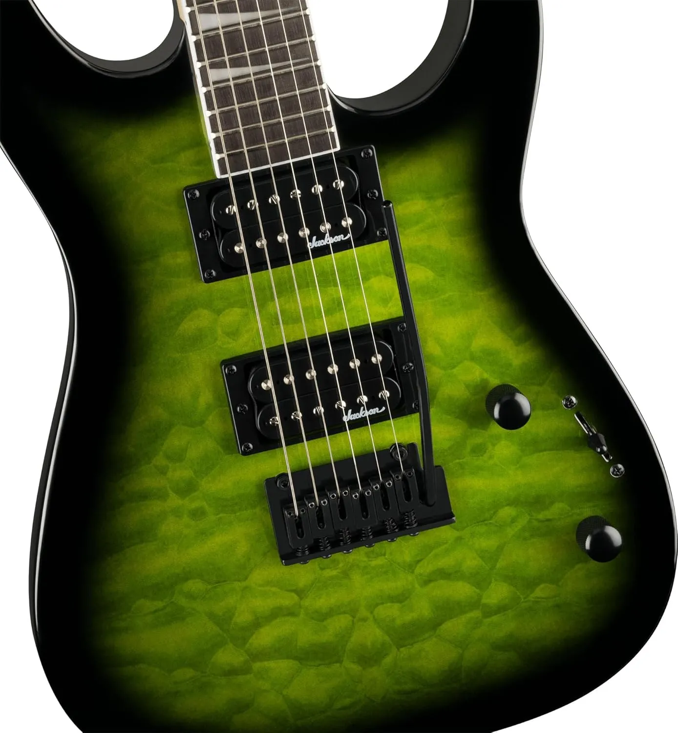Jackson JS Series Dinky JS20 DKQ 2PT Transparent Green Burst Bundle with Cable, Tuner, Strap, Picks, and Austin Bazaar Guitar DVD