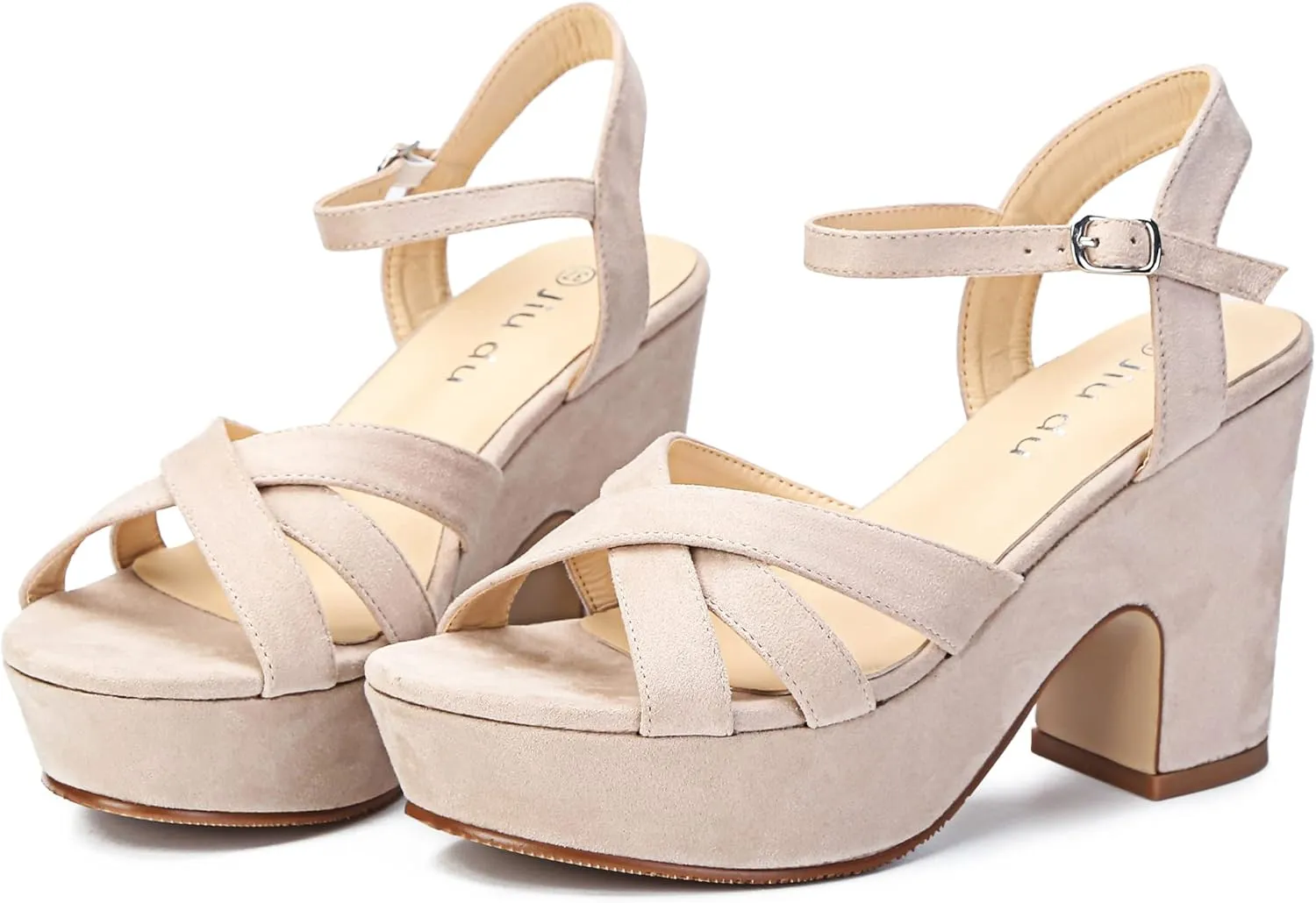Jiu du Women's Platform Heels Sandals Open Toe Wedge Heels Suede Ankle Strap Chunky Heels Wedding Dressy Party Pumps