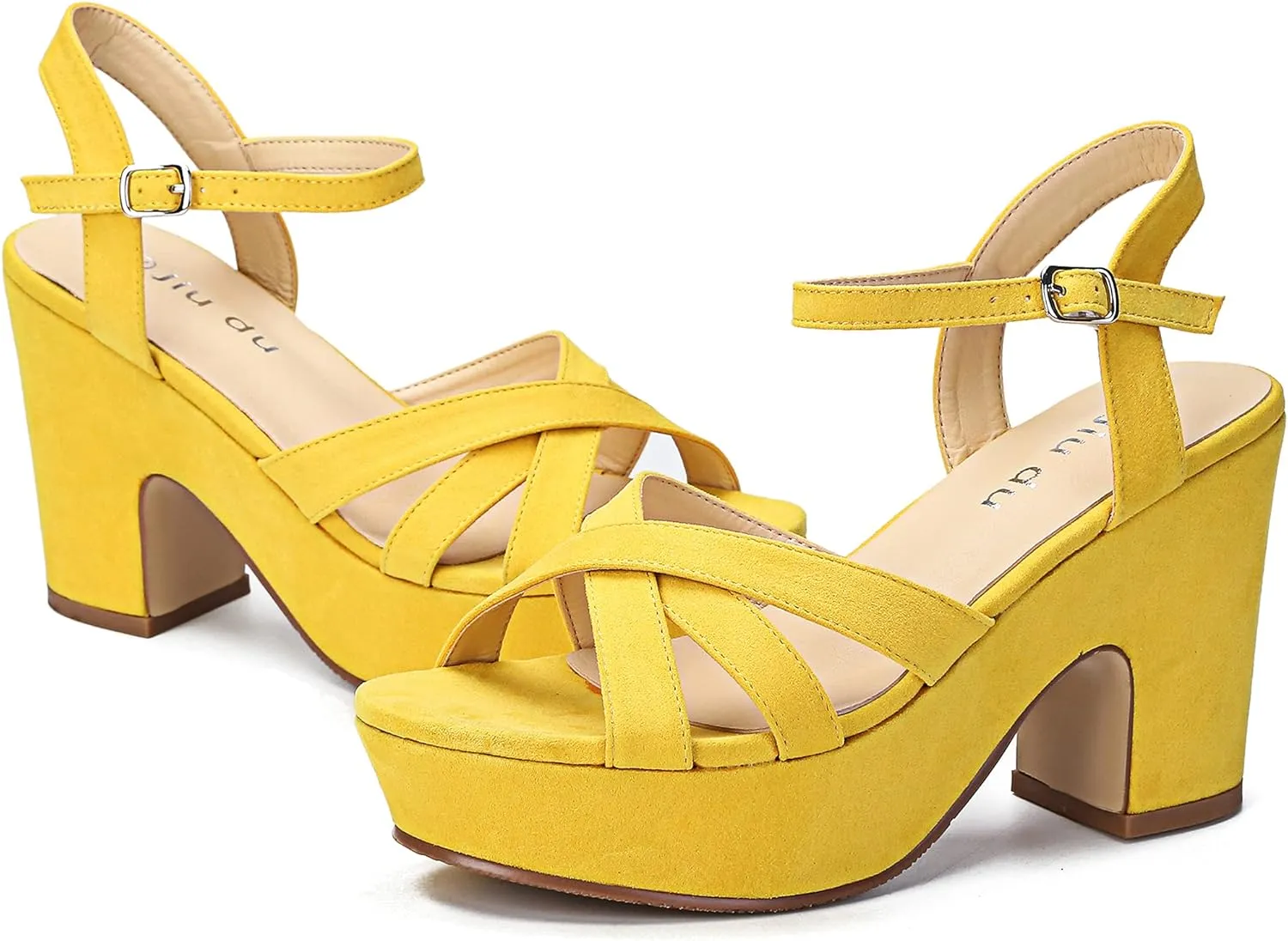 Jiu du Women's Platform Heels Sandals Open Toe Wedge Heels Suede Ankle Strap Chunky Heels Wedding Dressy Party Pumps