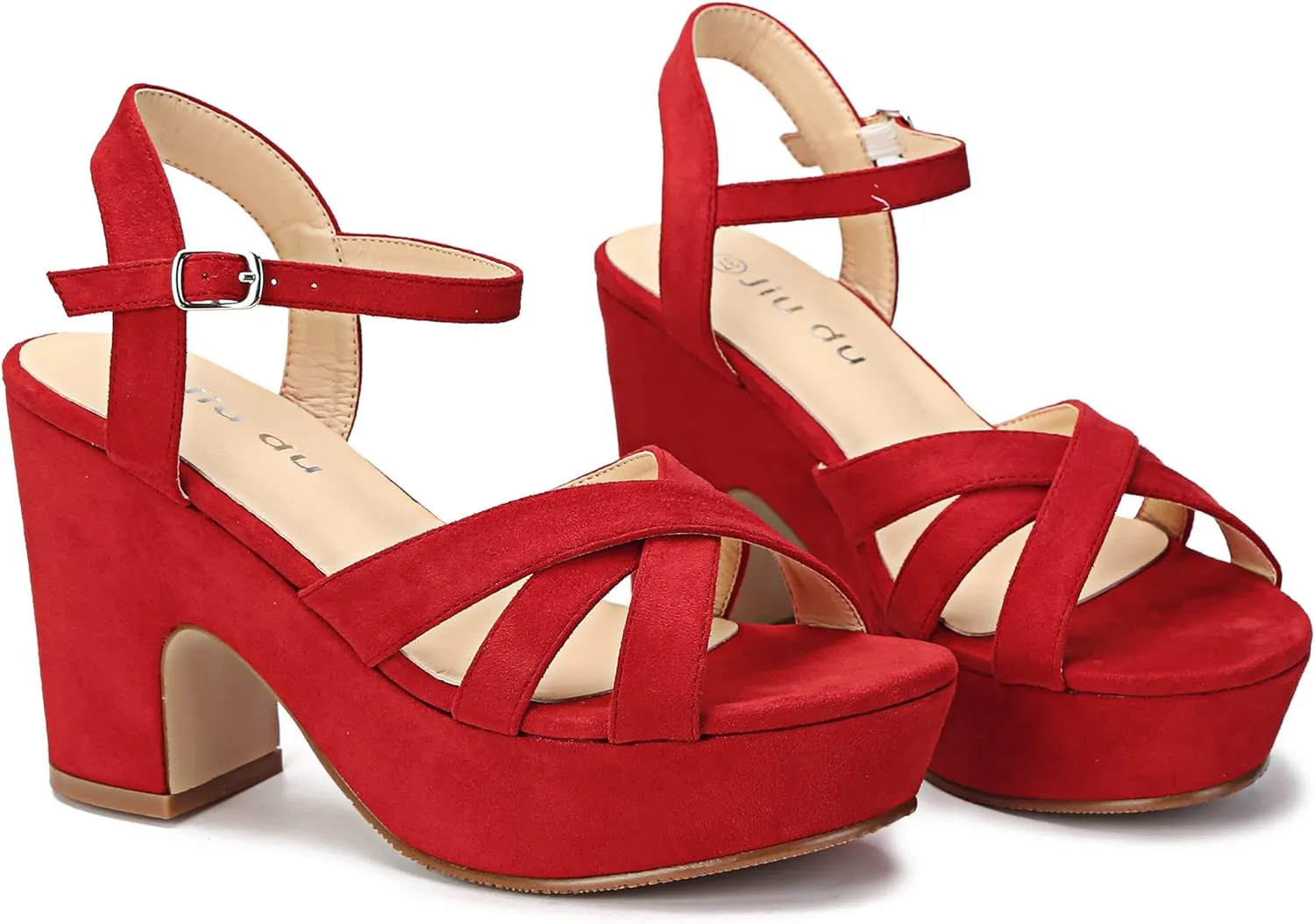 Jiu du Women's Platform Heels Sandals Open Toe Wedge Heels Suede Ankle Strap Chunky Heels Wedding Dressy Party Pumps