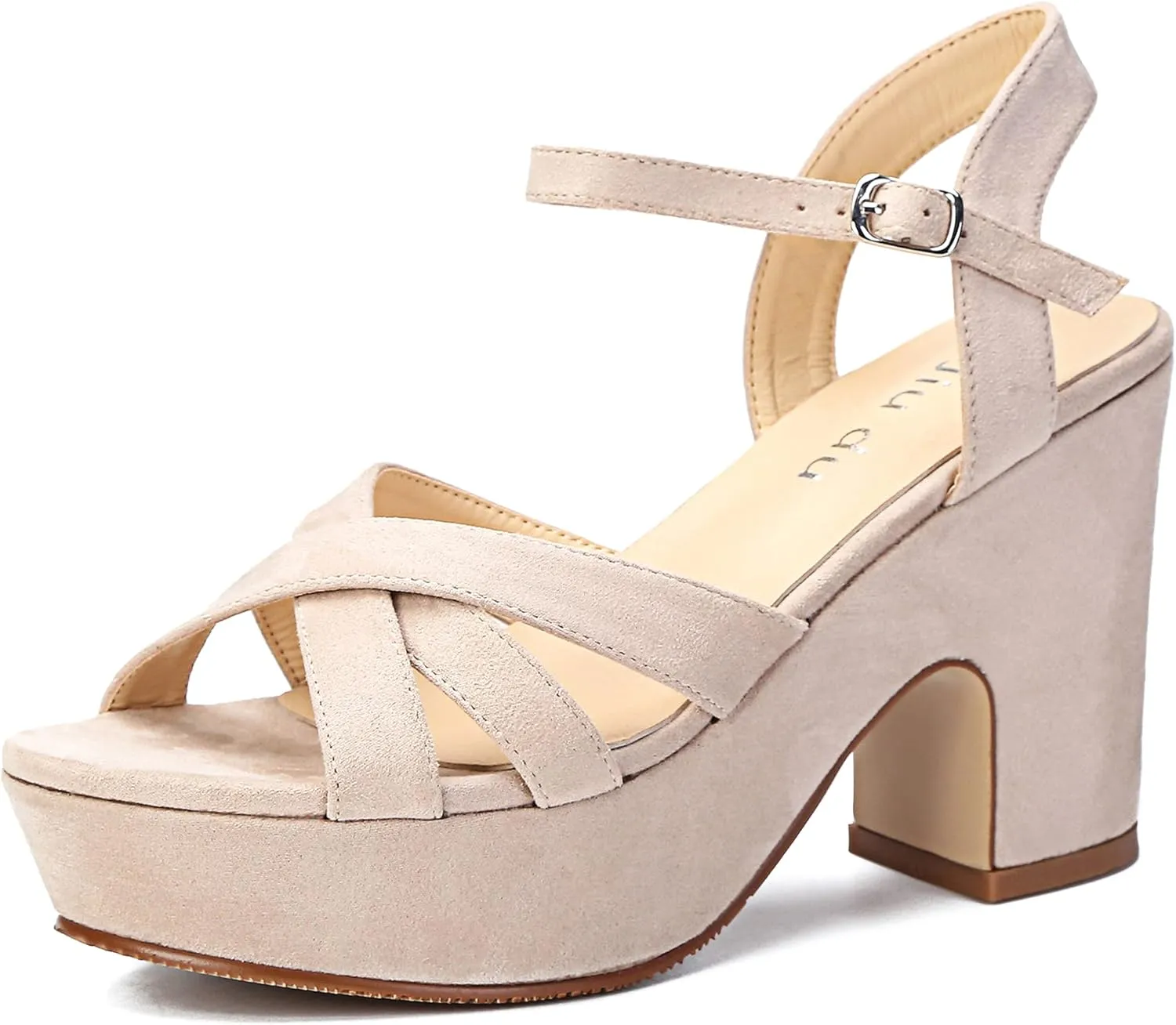 Jiu du Women's Platform Heels Sandals Open Toe Wedge Heels Suede Ankle Strap Chunky Heels Wedding Dressy Party Pumps