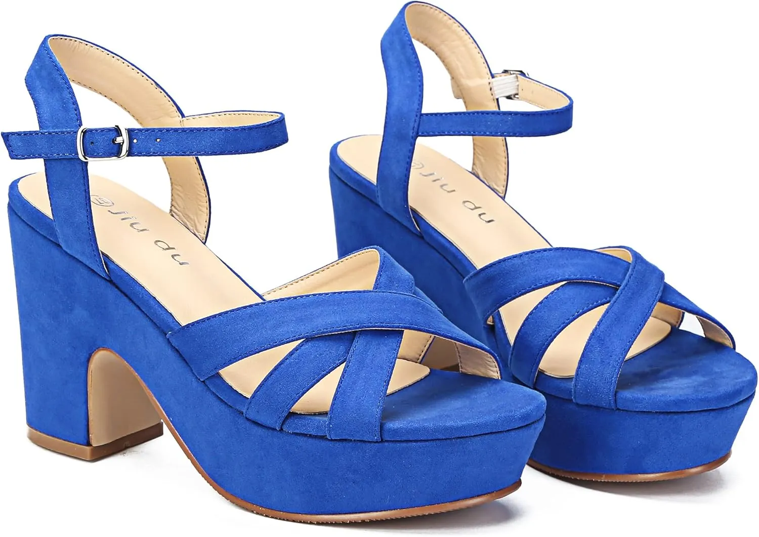 Jiu du Women's Platform Heels Sandals Open Toe Wedge Heels Suede Ankle Strap Chunky Heels Wedding Dressy Party Pumps