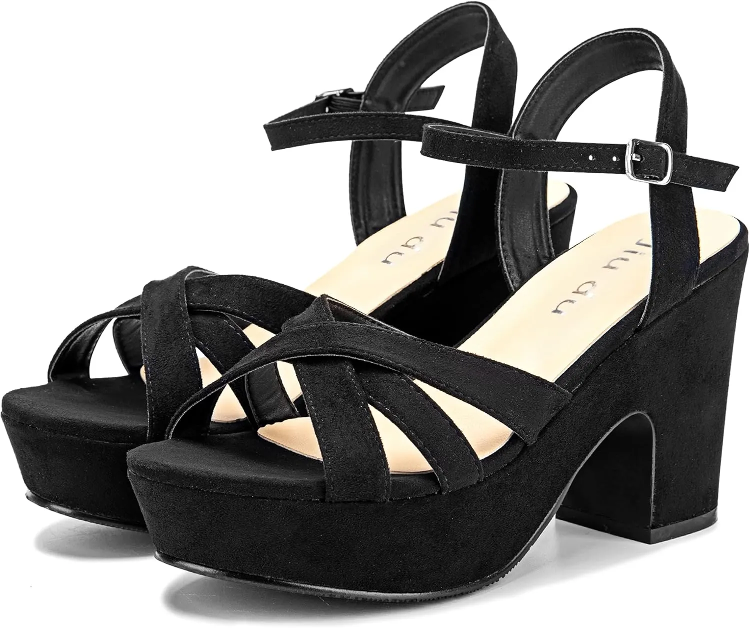 Jiu du Women's Platform Heels Sandals Open Toe Wedge Heels Suede Ankle Strap Chunky Heels Wedding Dressy Party Pumps