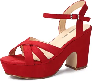 Jiu du Women's Platform Heels Sandals Open Toe Wedge Heels Suede Ankle Strap Chunky Heels Wedding Dressy Party Pumps