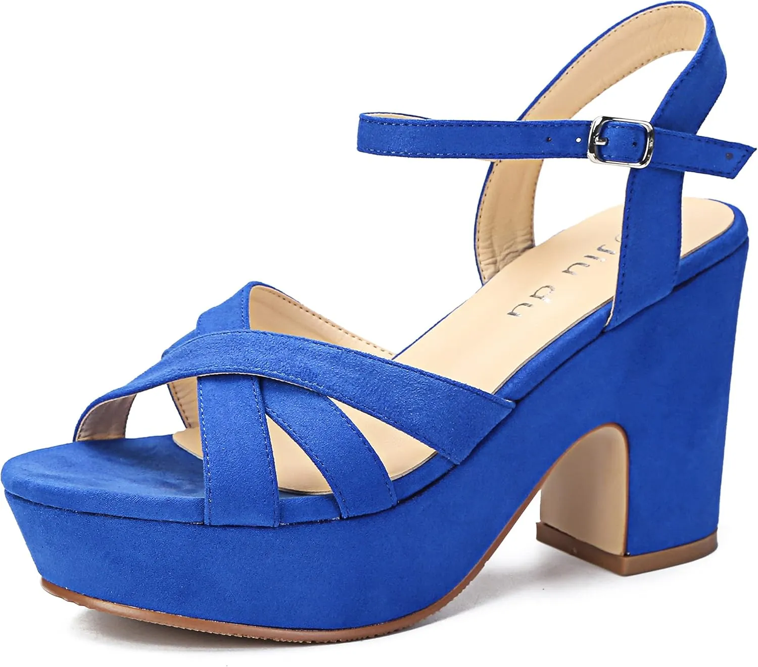 Jiu du Women's Platform Heels Sandals Open Toe Wedge Heels Suede Ankle Strap Chunky Heels Wedding Dressy Party Pumps