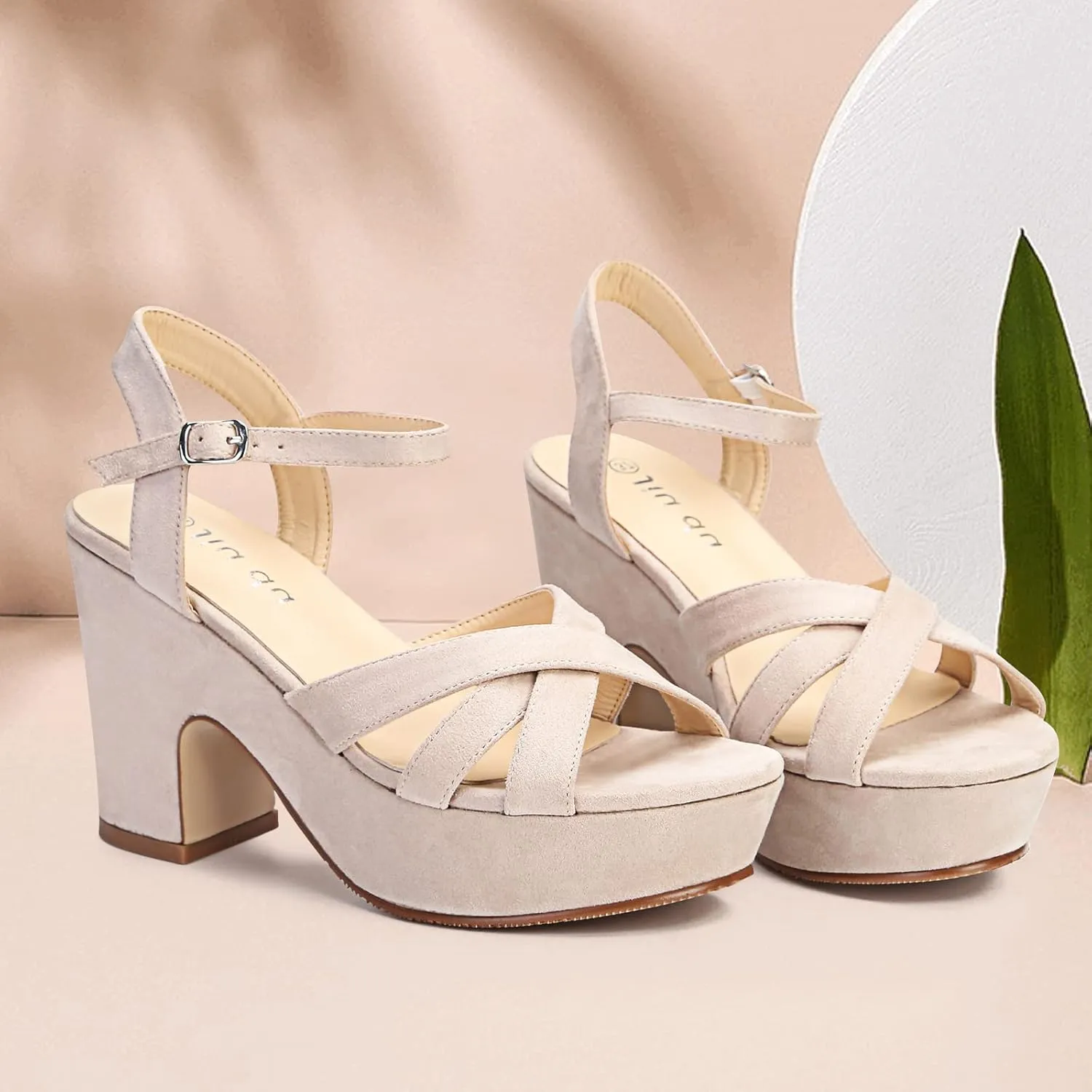 Jiu du Women's Platform Heels Sandals Open Toe Wedge Heels Suede Ankle Strap Chunky Heels Wedding Dressy Party Pumps