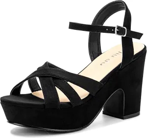 Jiu du Women's Platform Heels Sandals Open Toe Wedge Heels Suede Ankle Strap Chunky Heels Wedding Dressy Party Pumps