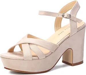 Jiu du Women's Platform Heels Sandals Open Toe Wedge Heels Suede Ankle Strap Chunky Heels Wedding Dressy Party Pumps