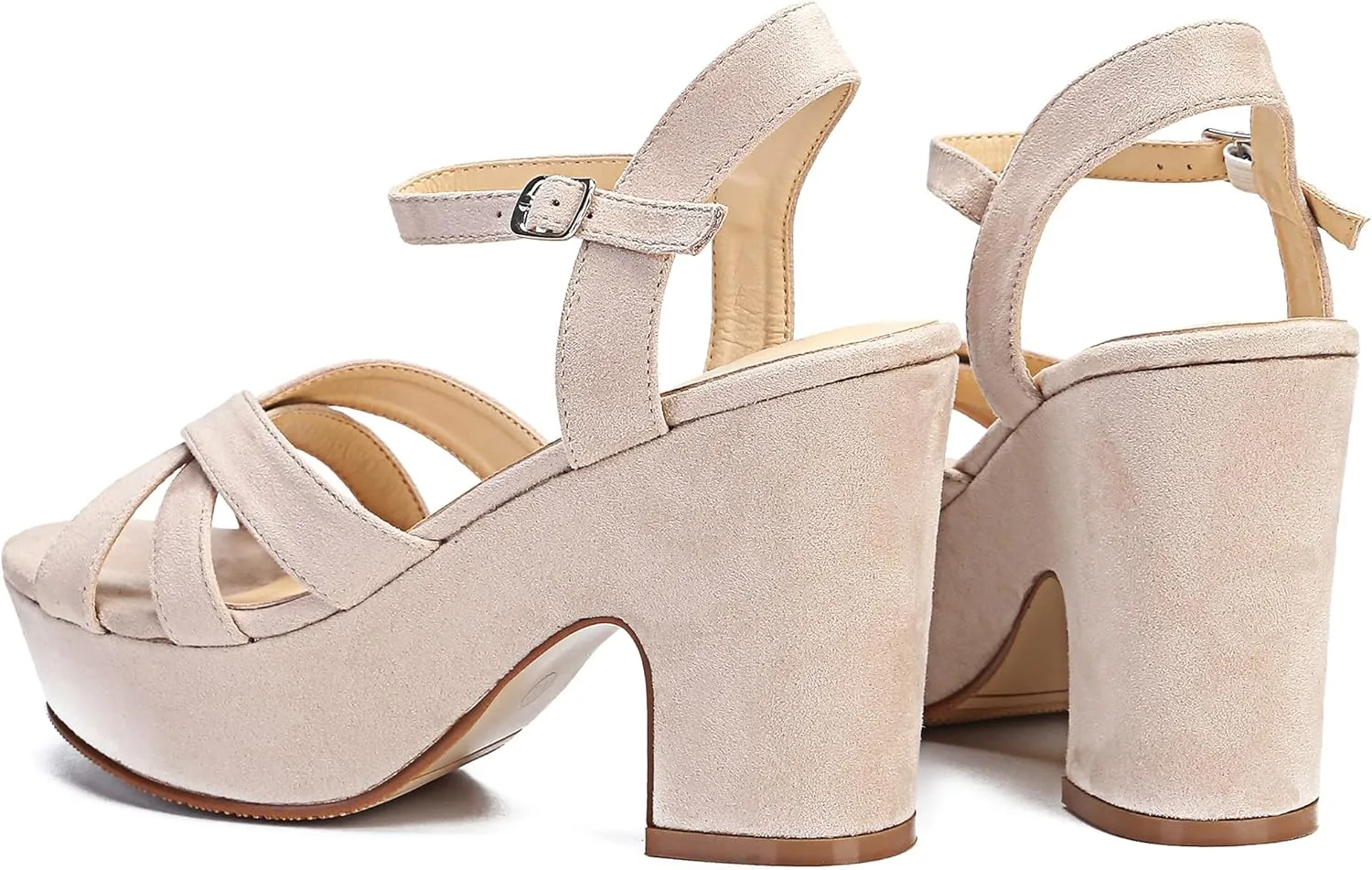Jiu du Women's Platform Heels Sandals Open Toe Wedge Heels Suede Ankle Strap Chunky Heels Wedding Dressy Party Pumps