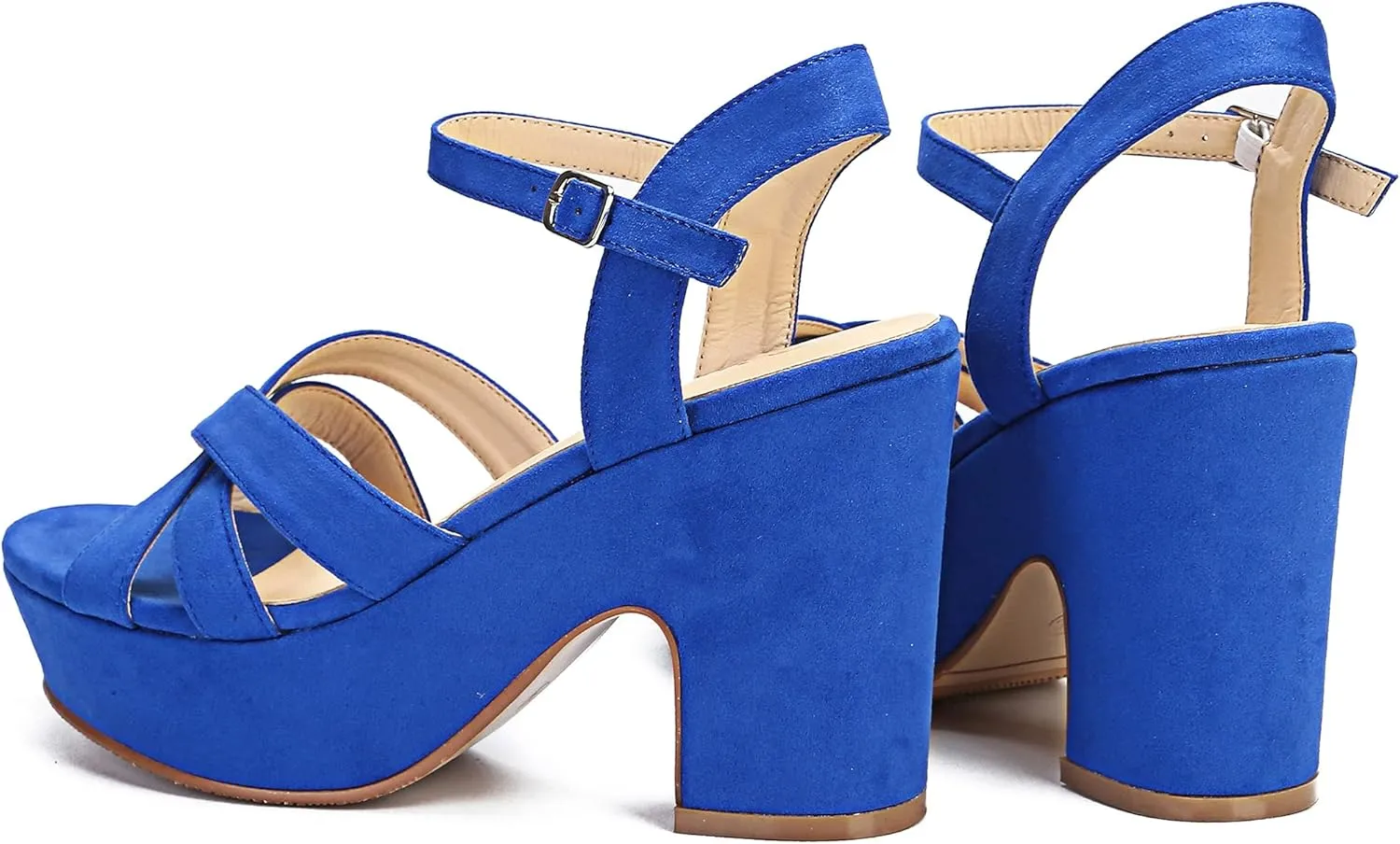 Jiu du Women's Platform Heels Sandals Open Toe Wedge Heels Suede Ankle Strap Chunky Heels Wedding Dressy Party Pumps