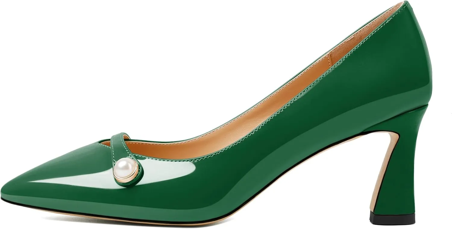 Joseywade Women's Low Heel Pumps 2.5 Inch Closed Pointed Toe Kitten Heels Slip On Business Pearl Dressy Shoes