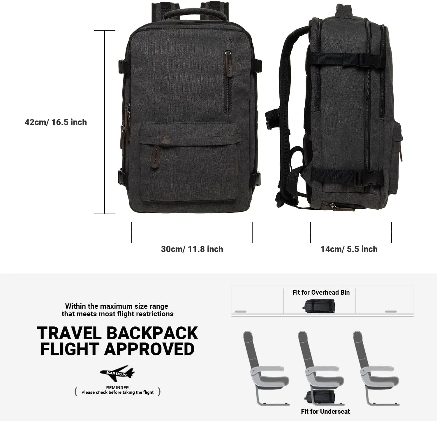KAUKKO Canvas Travel Backpack, Personal Item Airline Approved, Carry On Backpack with Multi-Pockets and Shoe Pouch, fit 15.6 inch Laptop, 40L Weekender Bag, 11-BLACK