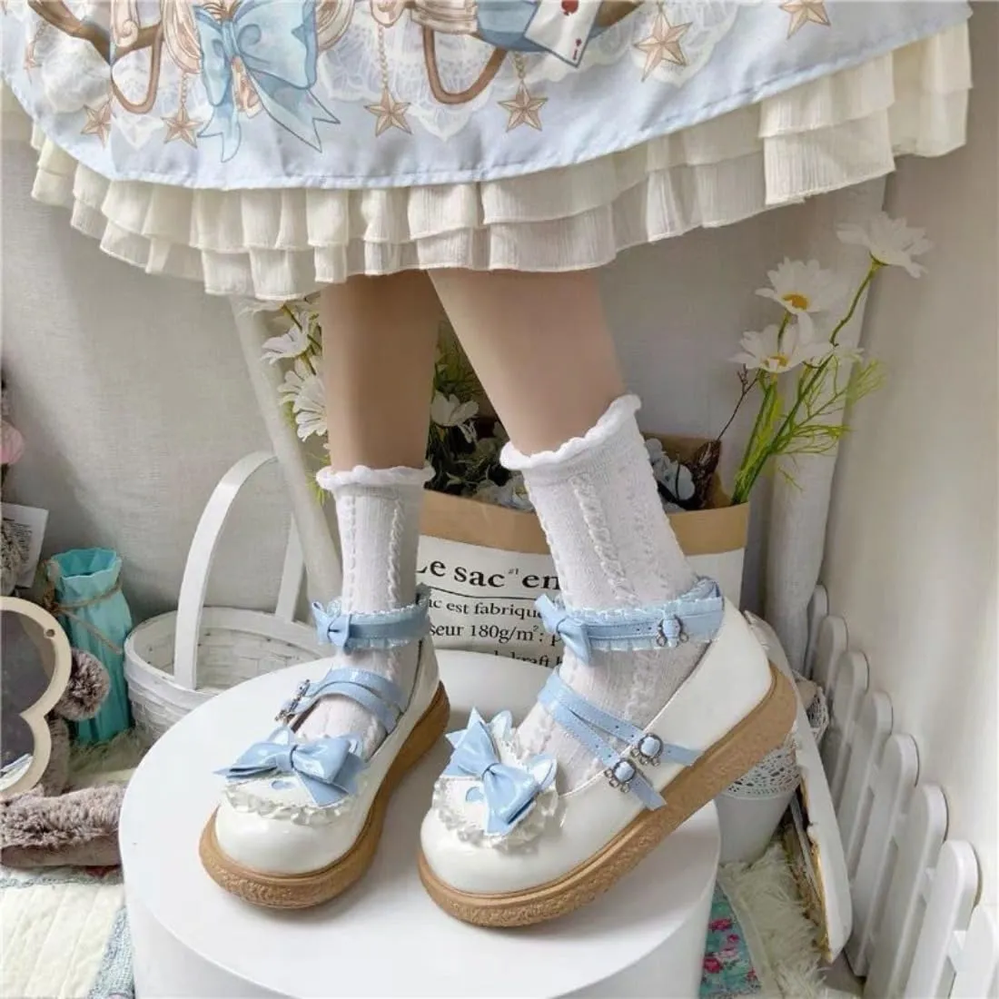 Kawaii Lolita Mary Jane Heel Rockabilly PU Pumps with Bow Lace Preppy Cute Platform Shoes for Kawaii Chic Teen, Women