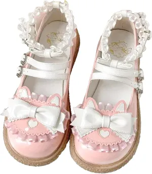 Kawaii Lolita Mary Jane Heel Rockabilly PU Pumps with Bow Lace Preppy Cute Platform Shoes for Kawaii Chic Teen, Women