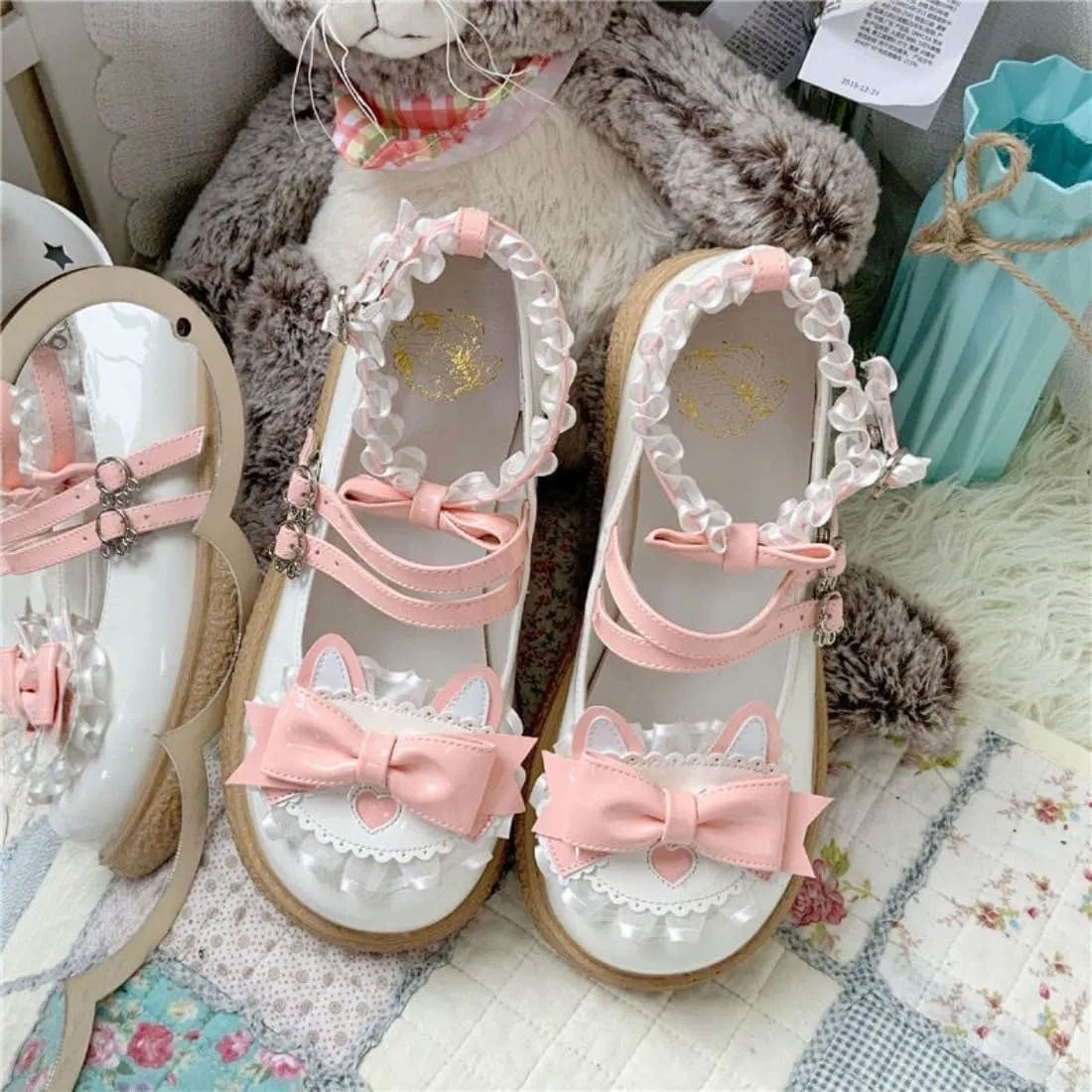 Kawaii Lolita Mary Jane Heel Rockabilly PU Pumps with Bow Lace Preppy Cute Platform Shoes for Kawaii Chic Teen, Women