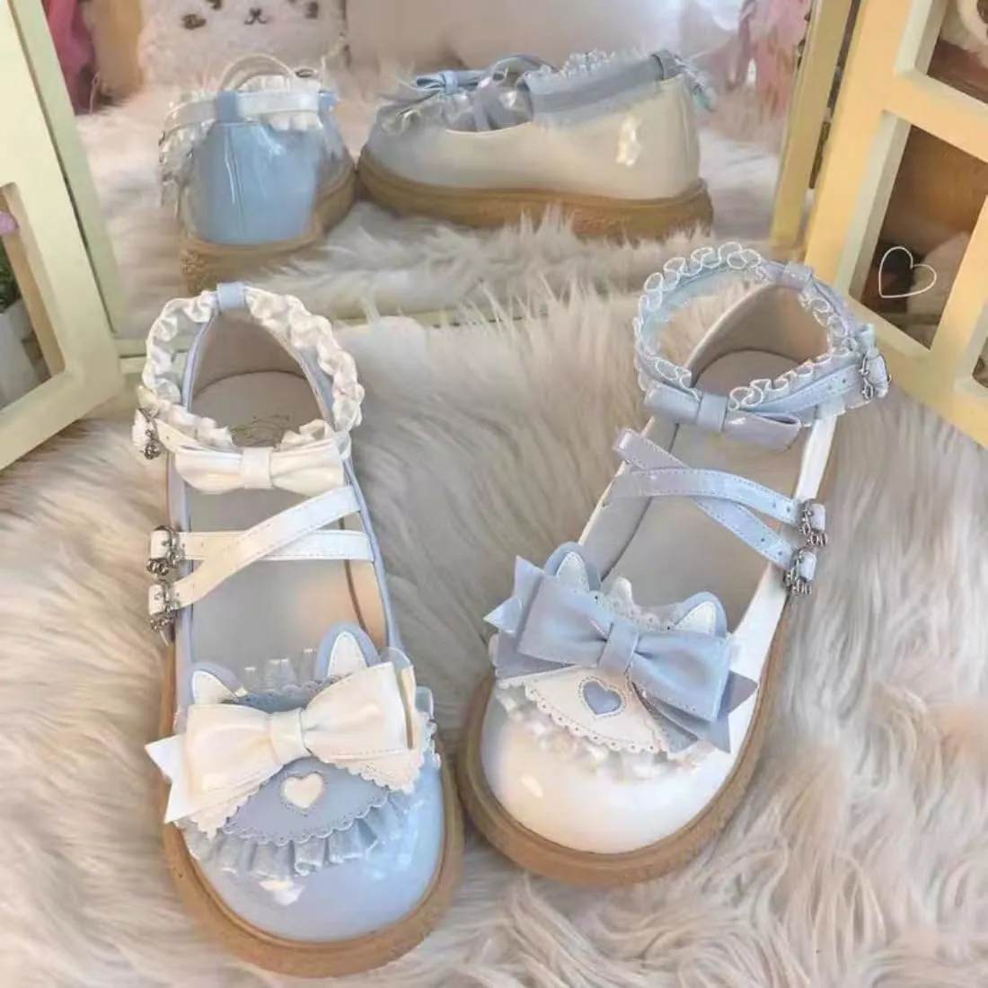 Kawaii Lolita Mary Jane Heel Rockabilly PU Pumps with Bow Lace Preppy Cute Platform Shoes for Kawaii Chic Teen, Women