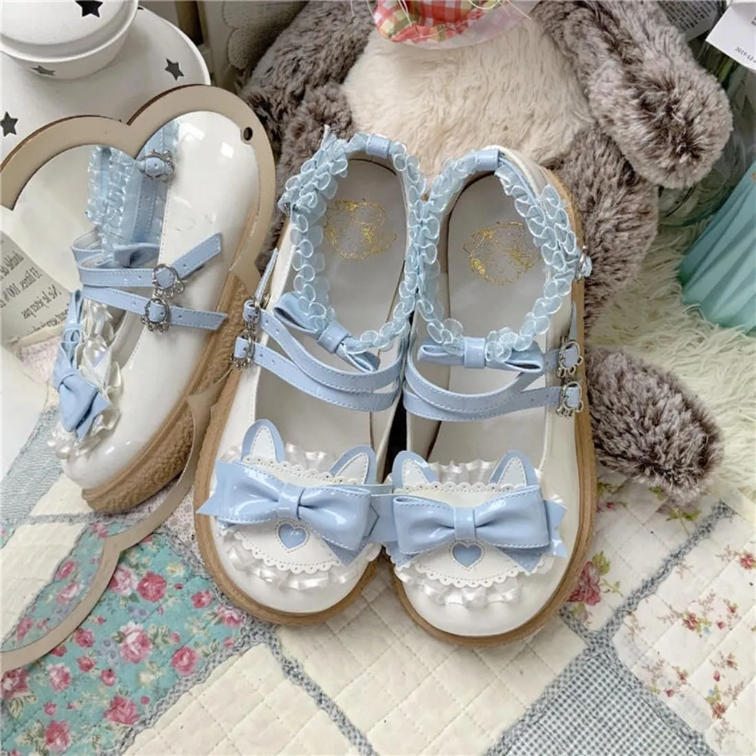 Kawaii Lolita Mary Jane Heel Rockabilly PU Pumps with Bow Lace Preppy Cute Platform Shoes for Kawaii Chic Teen, Women