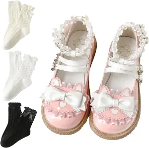 Kawaii Lolita Mary Jane Heel Rockabilly PU Pumps with Bow Lace Preppy Cute Platform Shoes for Kawaii Chic Teen, Women