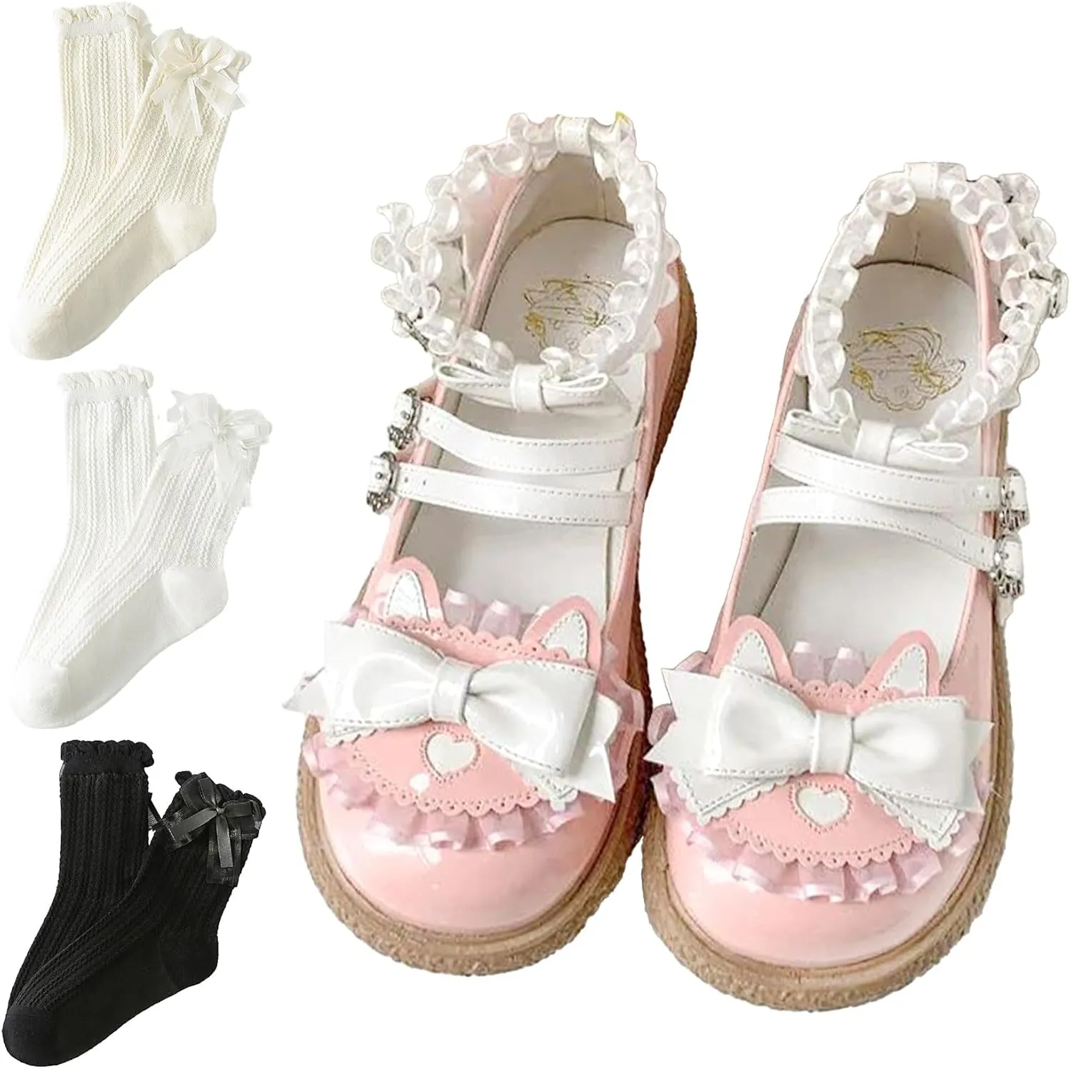 Kawaii Lolita Mary Jane Heel Rockabilly PU Pumps with Bow Lace Preppy Cute Platform Shoes for Kawaii Chic Teen, Women
