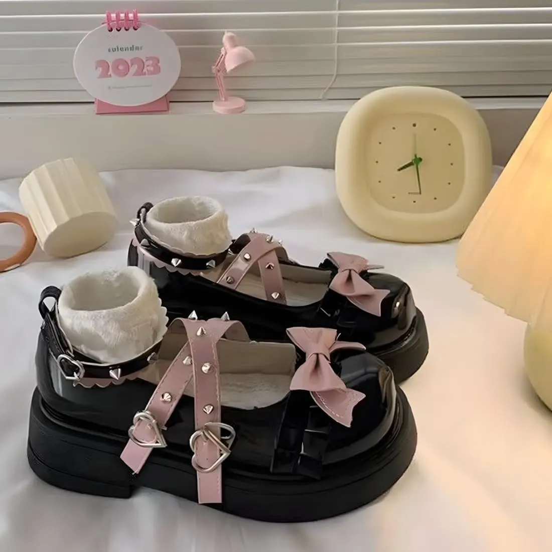 Kawaii Y2K Gothic Lolita Round Toe Chunky Heels Pink Bows Trim Rivet Straps Black Mary Jane Platform Shoes