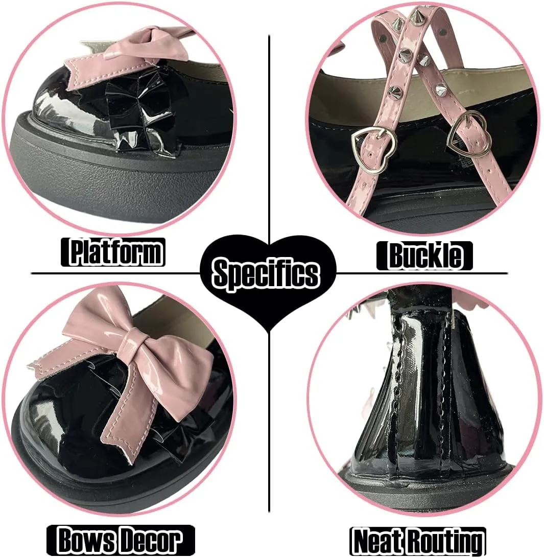Kawaii Y2K Gothic Lolita Round Toe Chunky Heels Pink Bows Trim Rivet Straps Black Mary Jane Platform Shoes