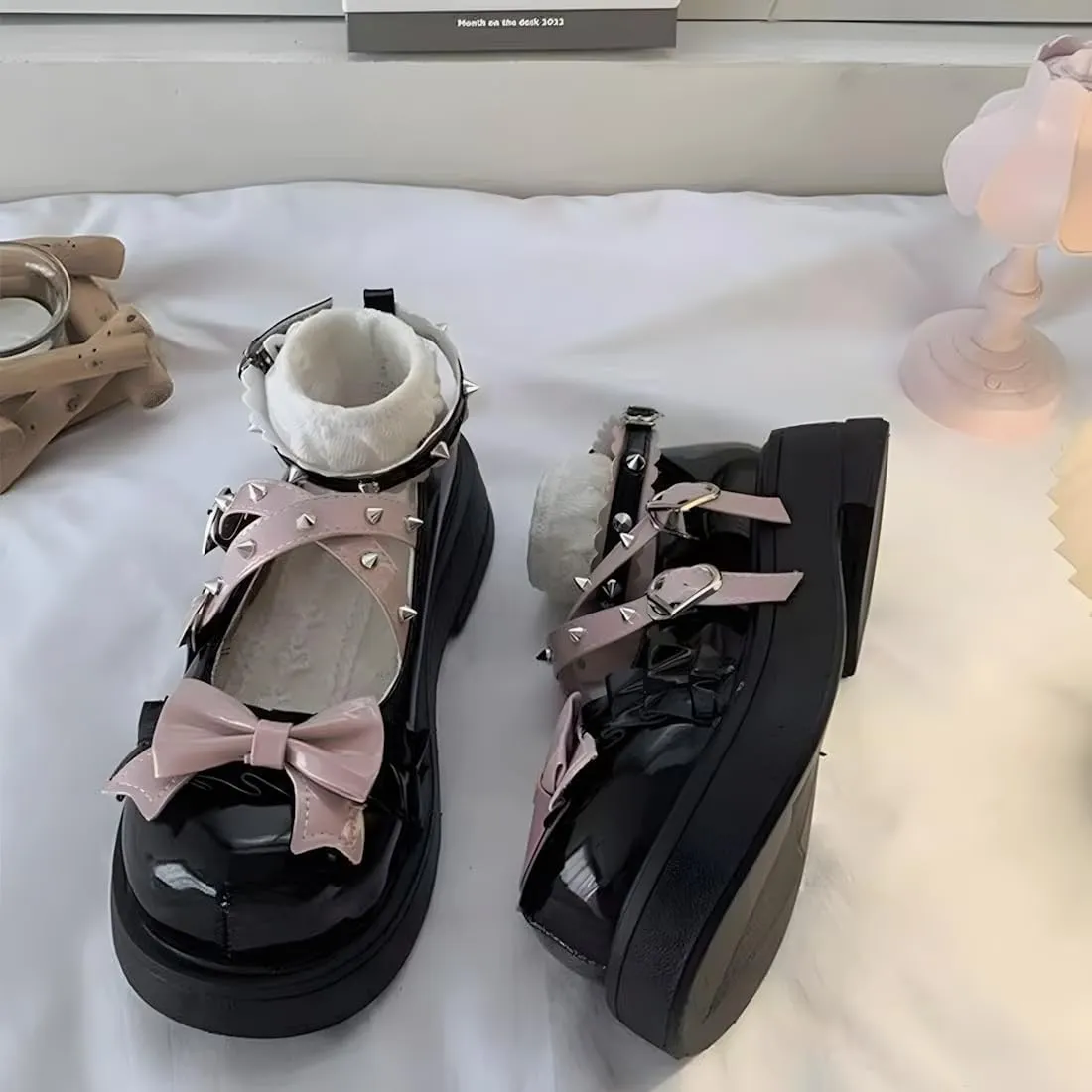 Kawaii Y2K Gothic Lolita Round Toe Chunky Heels Pink Bows Trim Rivet Straps Black Mary Jane Platform Shoes