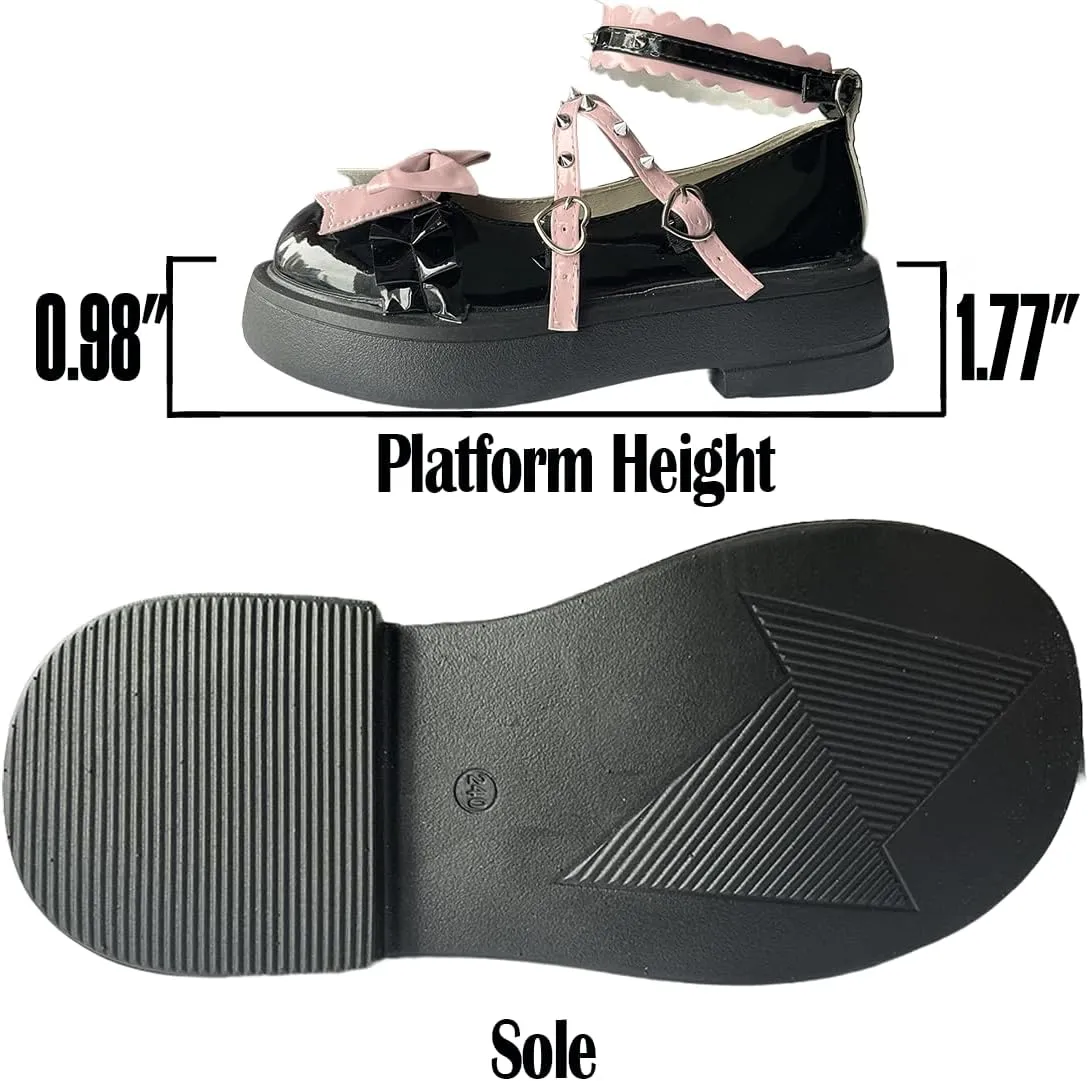 Kawaii Y2K Gothic Lolita Round Toe Chunky Heels Pink Bows Trim Rivet Straps Black Mary Jane Platform Shoes