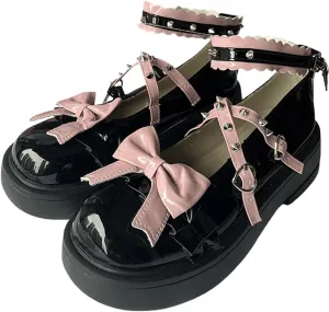 Kawaii Y2K Gothic Lolita Round Toe Chunky Heels Pink Bows Trim Rivet Straps Black Mary Jane Platform Shoes