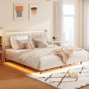 King Floating Bed Frame with LED Light Headboard and Charging Station, Beige Upholstered Platform Beds with Hidden Storage Space, No Box Spring Needed, Easy Assembly (King)
