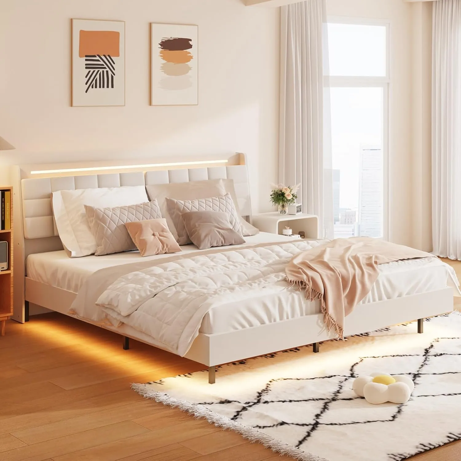 King Floating Bed Frame with LED Light Headboard and Charging Station, Beige Upholstered Platform Beds with Hidden Storage Space, No Box Spring Needed, Easy Assembly (King)