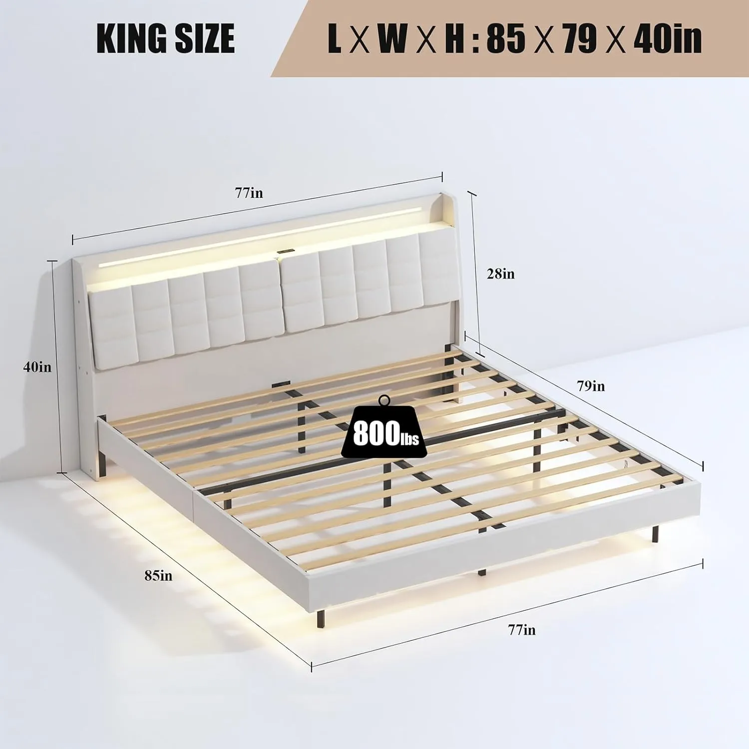 King Floating Bed Frame with LED Light Headboard and Charging Station, Beige Upholstered Platform Beds with Hidden Storage Space, No Box Spring Needed, Easy Assembly (King)
