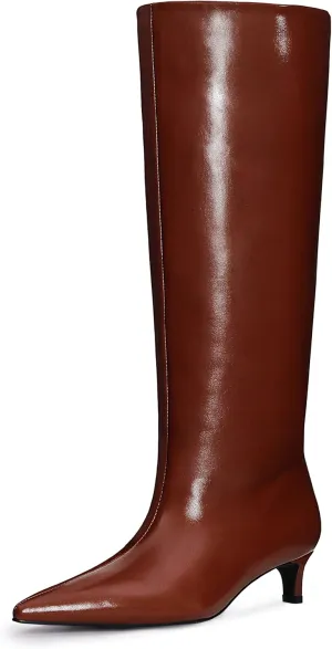 Kitten Heel Knee High Boots for Women, 1.5-in Stiletto Low Heel Long Boots Women Knee High, Womens Pull on Pointed Toe Tall Boots, Below the Knee Boots Faux Leather