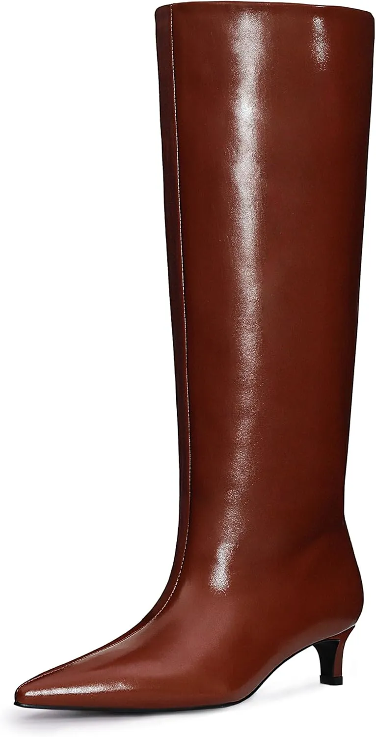 Kitten Heel Knee High Boots for Women, 1.5-in Stiletto Low Heel Long Boots Women Knee High, Womens Pull on Pointed Toe Tall Boots, Below the Knee Boots Faux Leather