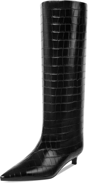 Kitten Heel Knee High Boots for Women, 1.5-in Stiletto Low Heel Long Boots Women Knee High, Womens Pull on Pointed Toe Tall Boots, Below the Knee Boots Faux Leather