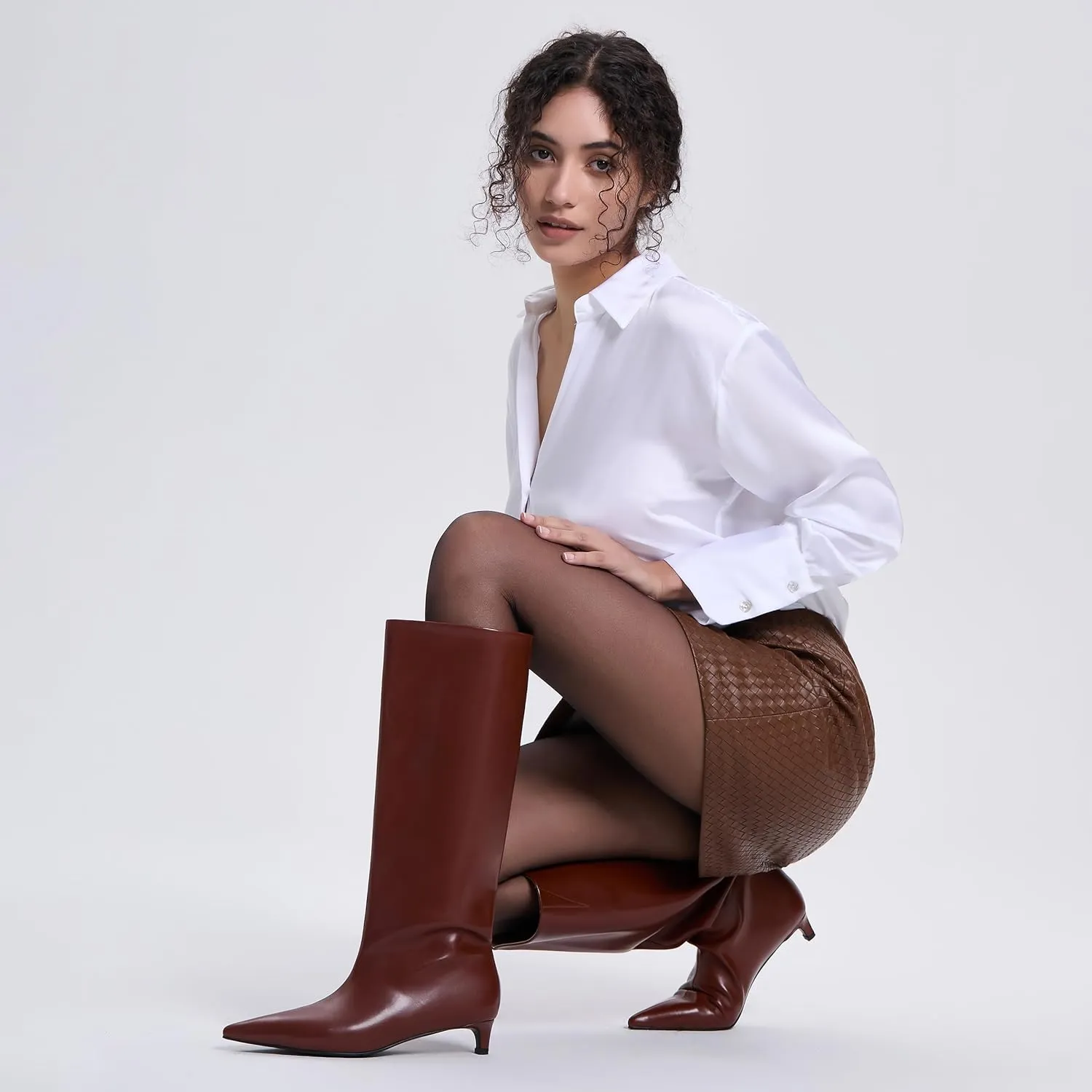 Kitten Heel Knee High Boots for Women, 1.5-in Stiletto Low Heel Long Boots Women Knee High, Womens Pull on Pointed Toe Tall Boots, Below the Knee Boots Faux Leather