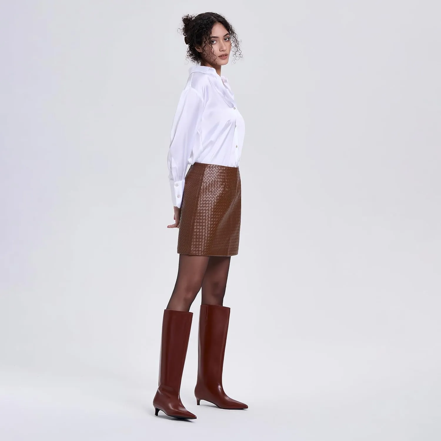 Kitten Heel Knee High Boots for Women, 1.5-in Stiletto Low Heel Long Boots Women Knee High, Womens Pull on Pointed Toe Tall Boots, Below the Knee Boots Faux Leather