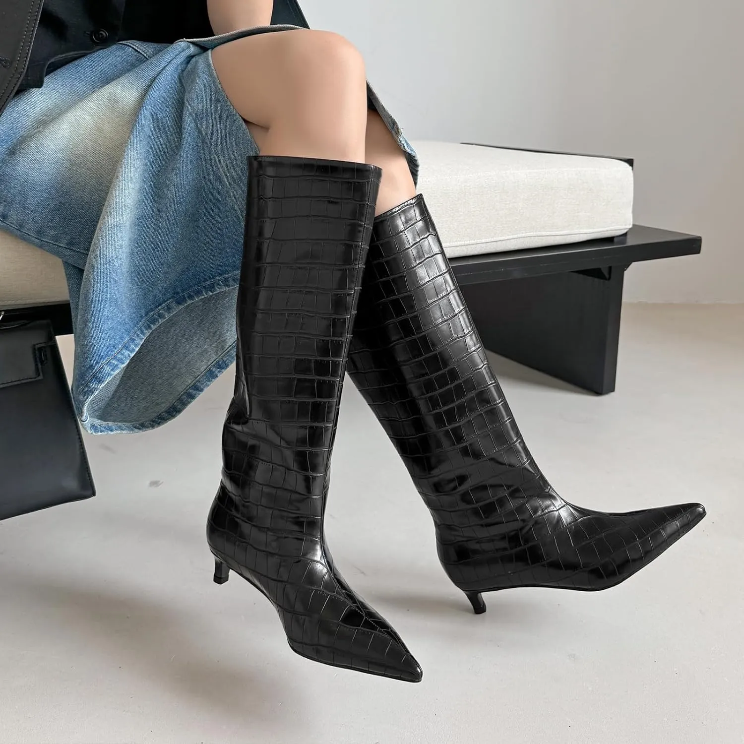 Kitten Heel Knee High Boots for Women, 1.5-in Stiletto Low Heel Long Boots Women Knee High, Womens Pull on Pointed Toe Tall Boots, Below the Knee Boots Faux Leather