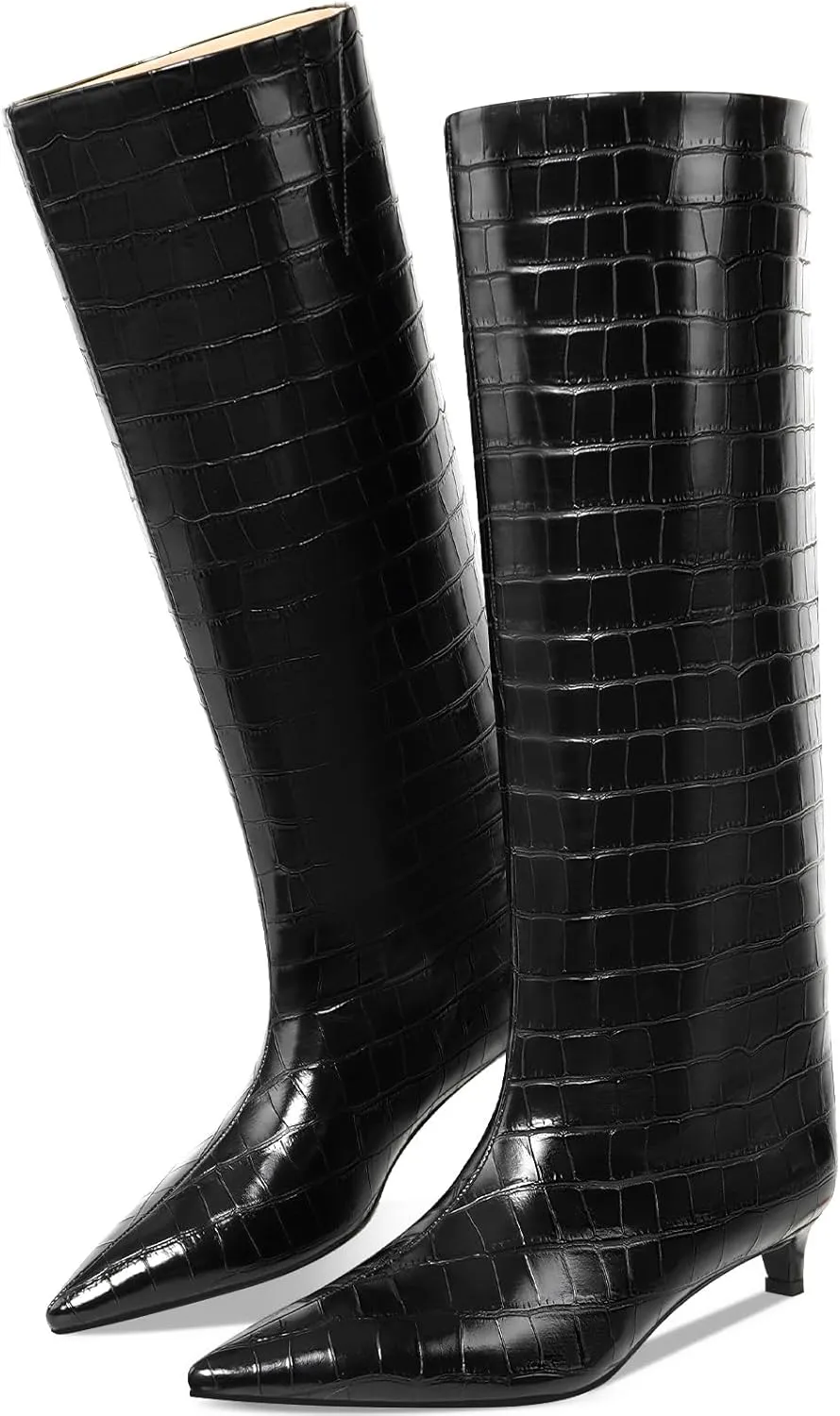 Kitten Heel Knee High Boots for Women, 1.5-in Stiletto Low Heel Long Boots Women Knee High, Womens Pull on Pointed Toe Tall Boots, Below the Knee Boots Faux Leather