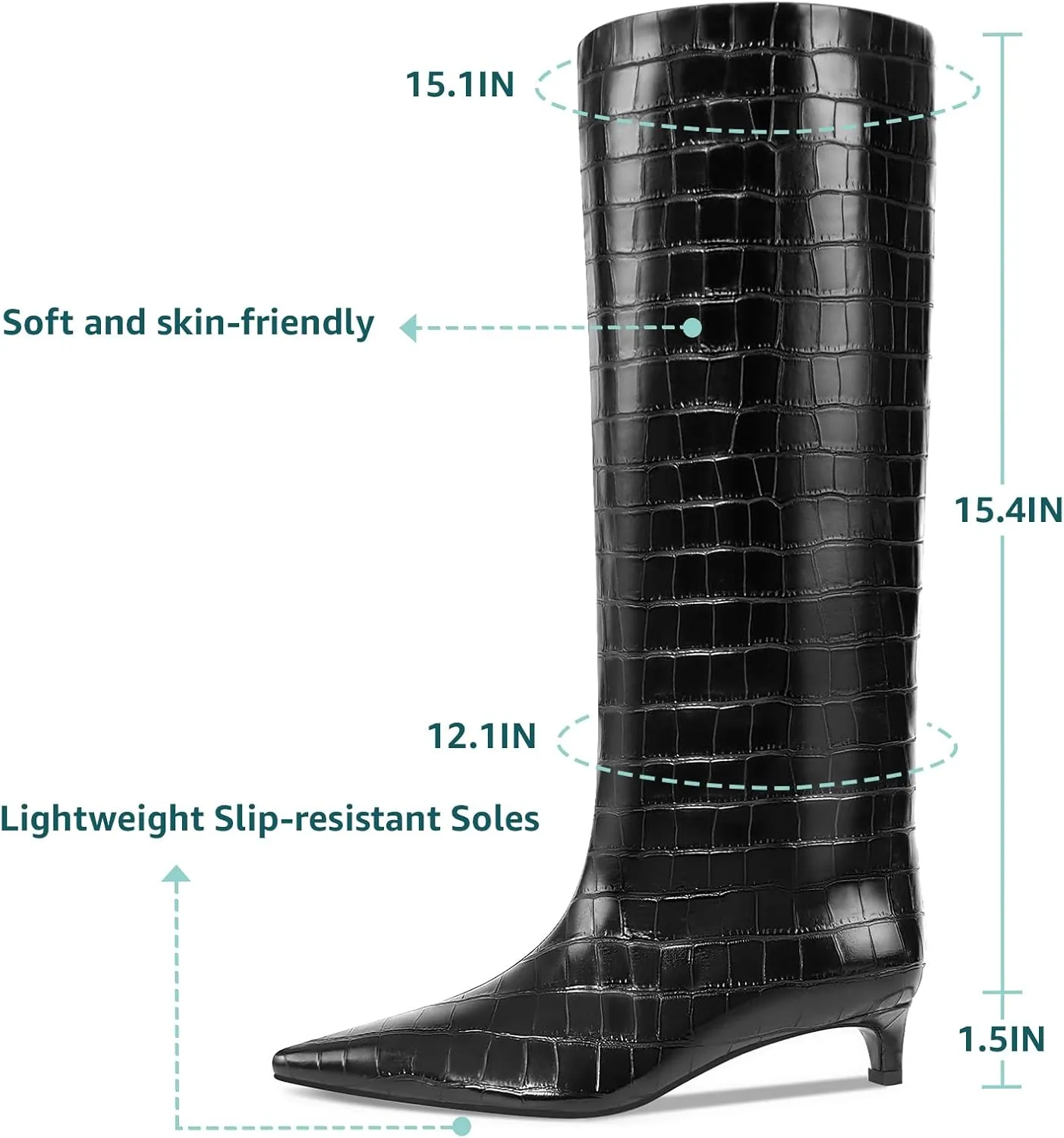 Kitten Heel Knee High Boots for Women, 1.5-in Stiletto Low Heel Long Boots Women Knee High, Womens Pull on Pointed Toe Tall Boots, Below the Knee Boots Faux Leather