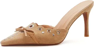 Kitten Heels for Women Pointed Toe Heels Studded Slip On Bow Heels Mules Faux Suede Sandals Kitten Heel Pumps