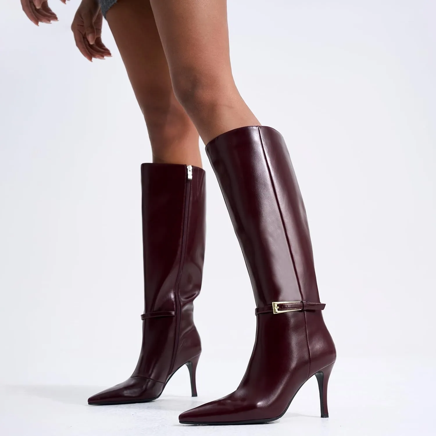 Knee High Boots Women Stiletto High Heel 3.3in, Side Zipper Pointed Toe Metal Buckle Tall Boots Dress Boots for Women, Comfortable Faux Leather Below the Knee Long Boots
