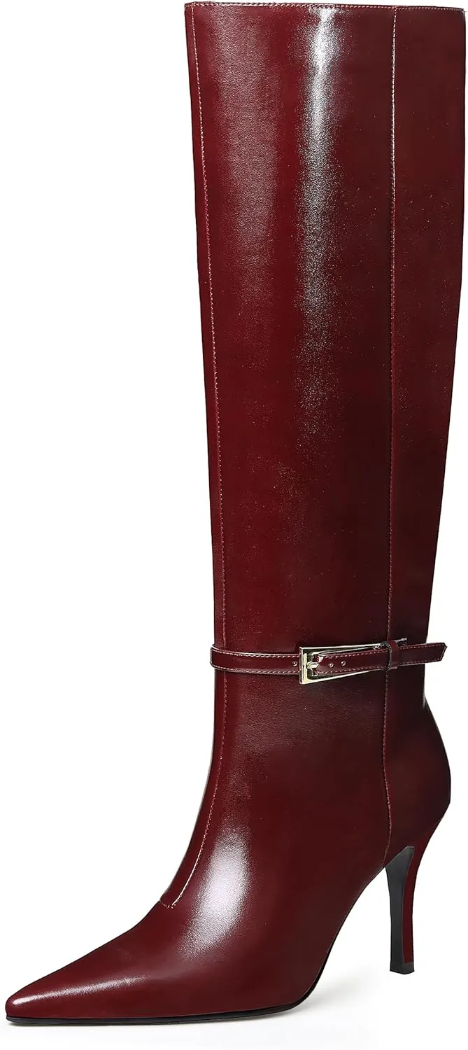 Knee High Boots Women Stiletto High Heel 3.3in, Side Zipper Pointed Toe Metal Buckle Tall Boots Dress Boots for Women, Comfortable Faux Leather Below the Knee Long Boots