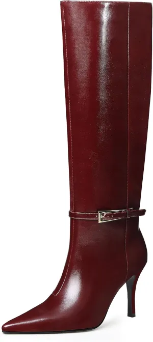 Knee High Boots Women Stiletto High Heel 3.3in, Side Zipper Pointed Toe Metal Buckle Tall Boots Dress Boots for Women, Comfortable Faux Leather Below the Knee Long Boots