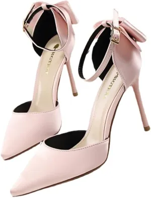 Korean version of sweet beauty shoes with thin heels, high heels, shallow mouth, pointed silk, hollow back bow, and sandals