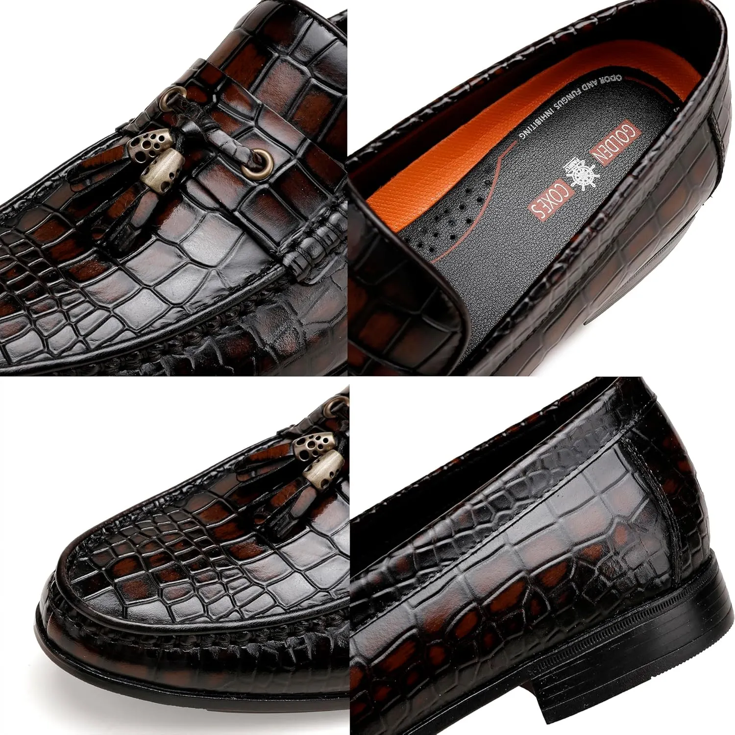 Leather Classic Tassels Loafer for Mens, Fashion Alligator Printed Tassel Dress Shoes Business Wedding Slip-on Penny Loafer Party Shoes for Men