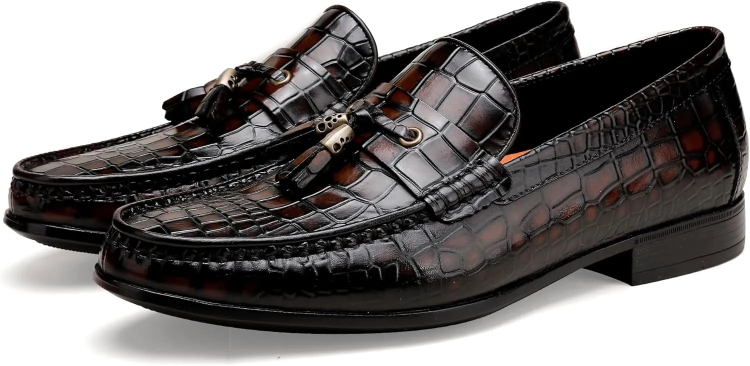 Leather Classic Tassels Loafer for Mens, Fashion Alligator Printed Tassel Dress Shoes Business Wedding Slip-on Penny Loafer Party Shoes for Men