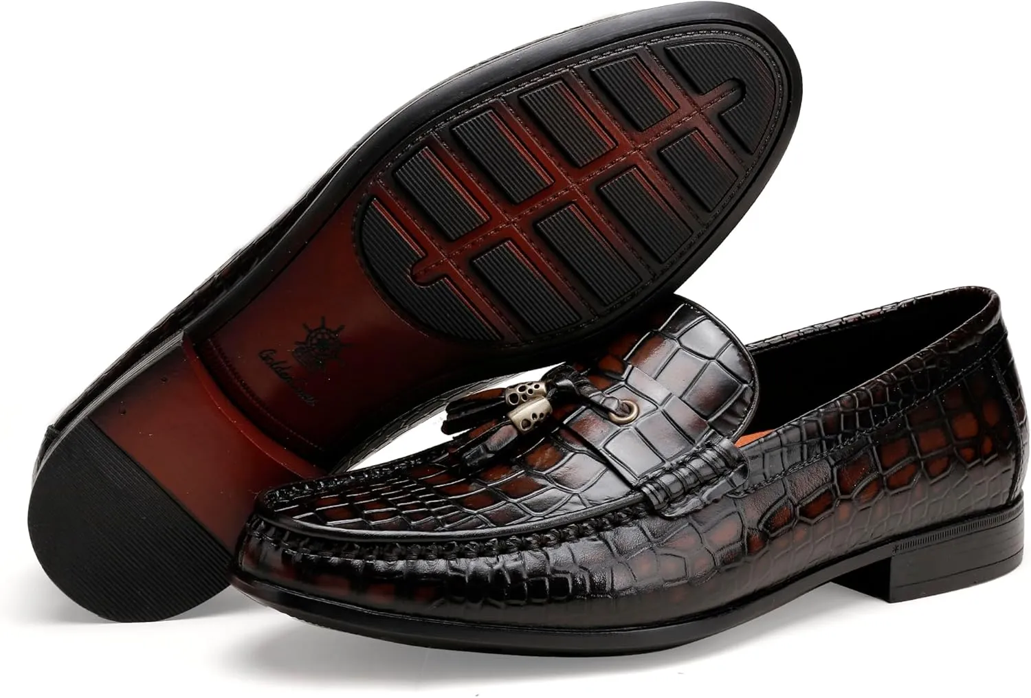 Leather Classic Tassels Loafer for Mens, Fashion Alligator Printed Tassel Dress Shoes Business Wedding Slip-on Penny Loafer Party Shoes for Men