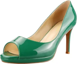 LEMUTISME Women's Patent Leather Sexy Slip On Peep Toe High Heel Dress Pumps Chic Glossy Open Toe Stiletto Heel Platform Sandals