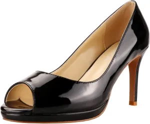 LEMUTISME Women's Patent Leather Sexy Slip On Peep Toe High Heel Dress Pumps Chic Glossy Open Toe Stiletto Heel Platform Sandals