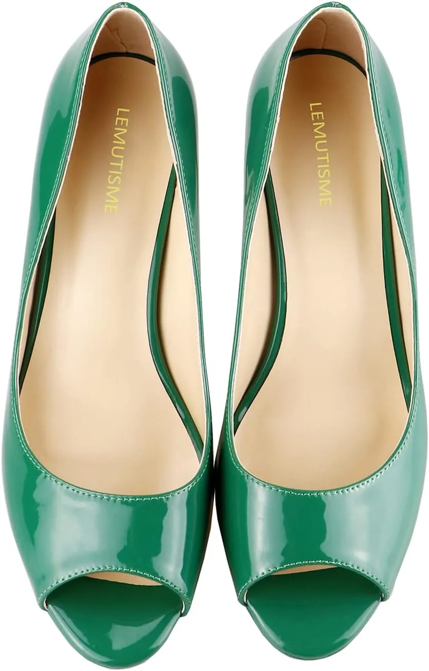 LEMUTISME Women's Patent Leather Sexy Slip On Peep Toe High Heel Dress Pumps Chic Glossy Open Toe Stiletto Heel Platform Sandals